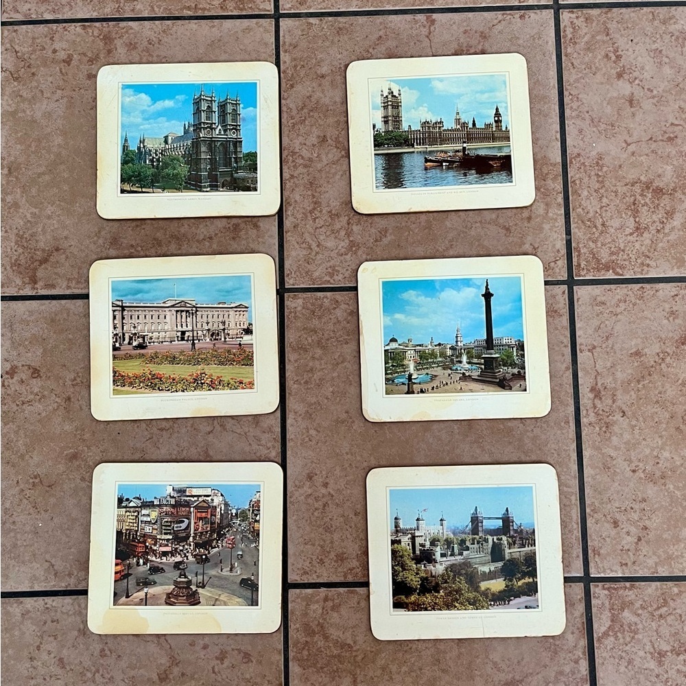 Vintage Coaster Set with Scenic Prints 6.5/7 Inch